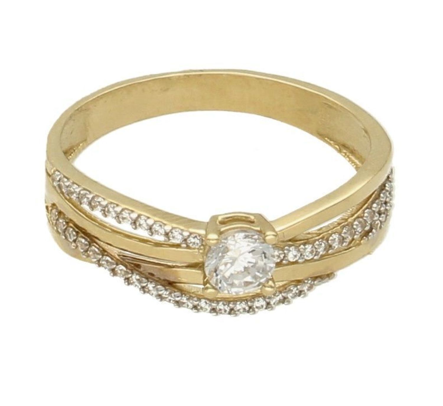 Złoty pierścionek 585 z cyrkonią zaręczynowy PI 3868. Złoty pierścionek pleciony. Złoty pierścionek damski. Złoty pierścionek z cyrkonią. Złoty pierścionek wysadzany cyrkoniami. Złoty pierścionek zaręczyn.jpg